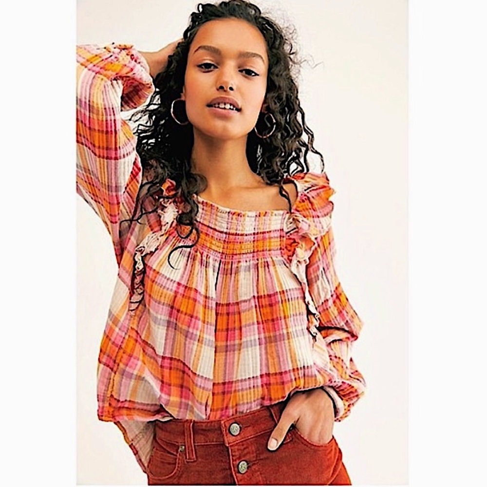 FREE PEOPLE | COTTAGECORE PLAID OPEN BACK BLOUSE